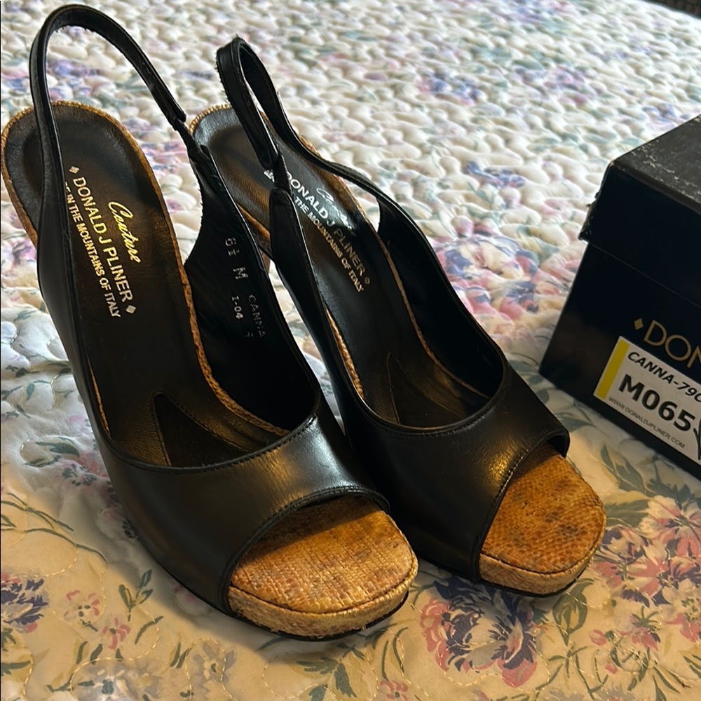 Donald J. Pliner Black Platform Slingback Shoes . Peep toe sling